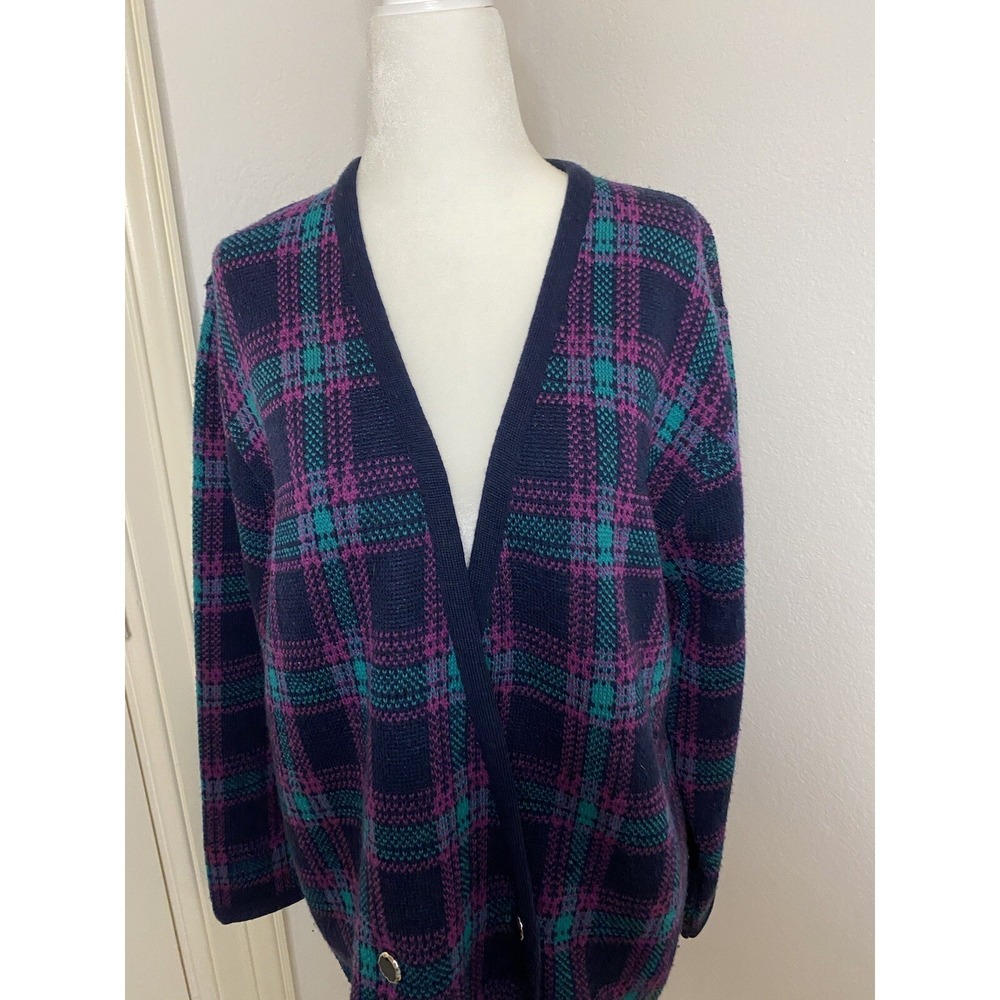 Vtg Pendleton Virgin Wool Cardigan Woman Medium Plaid Navy Purple Green B17